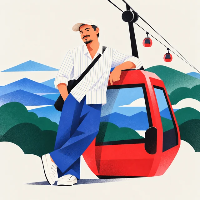 Illustration of Ihor beside a red cable car in the mountains