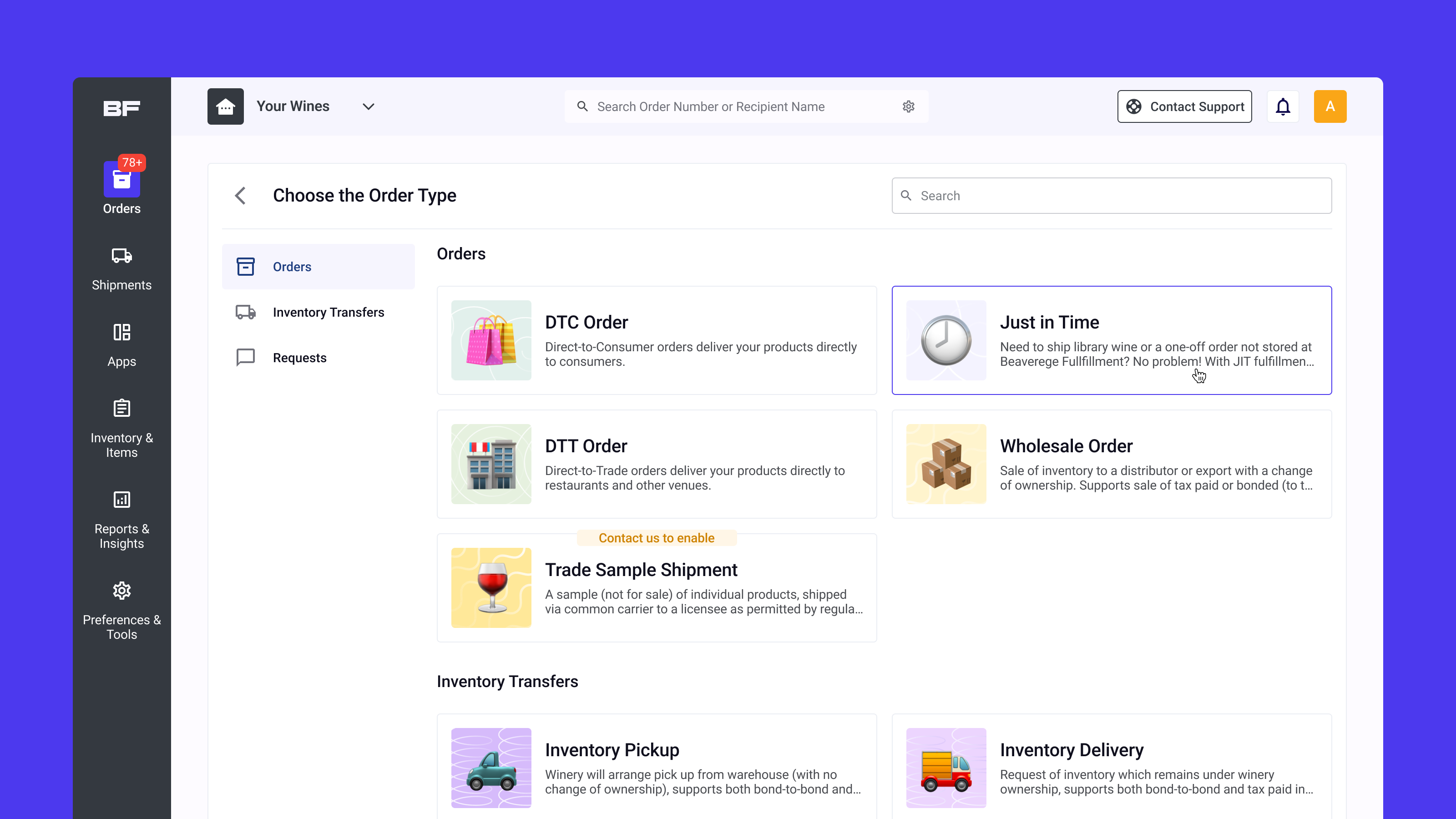 Beverage fulfillment portal interface showing order type selection