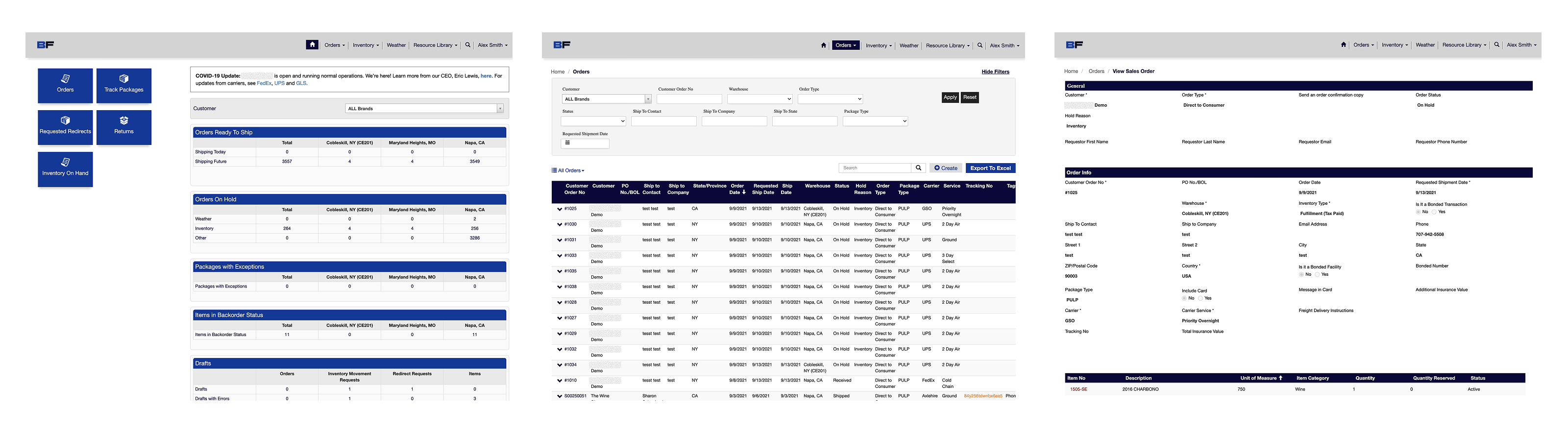 Screens from the legacy beverage fulfillment portal showing dashboard, orders list, and order details
