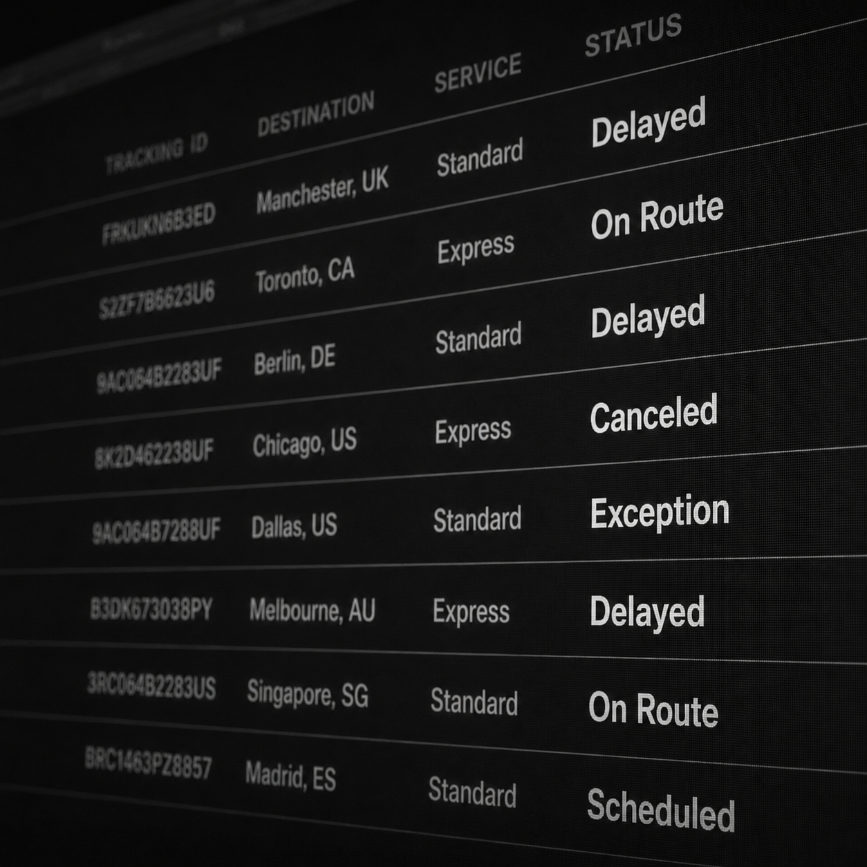 Shipment status board showing delayed, exception, and on-route orders